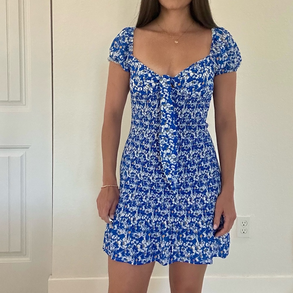 SHEIN Smocked Tie Front Mini Dress in Blue Floral